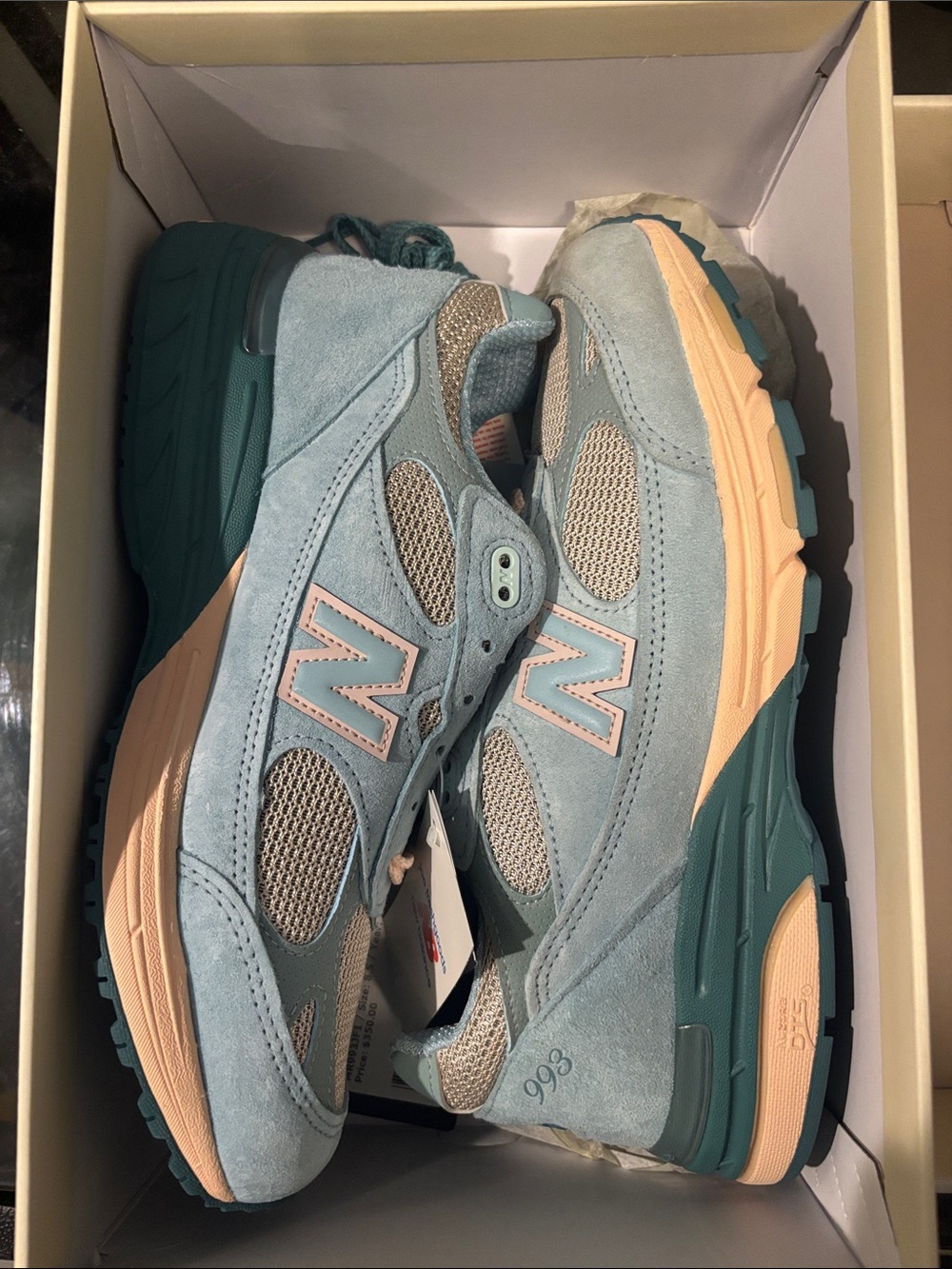 New Balance Women's 993 Suede Mesh Sneaker in Light Blue and Peach